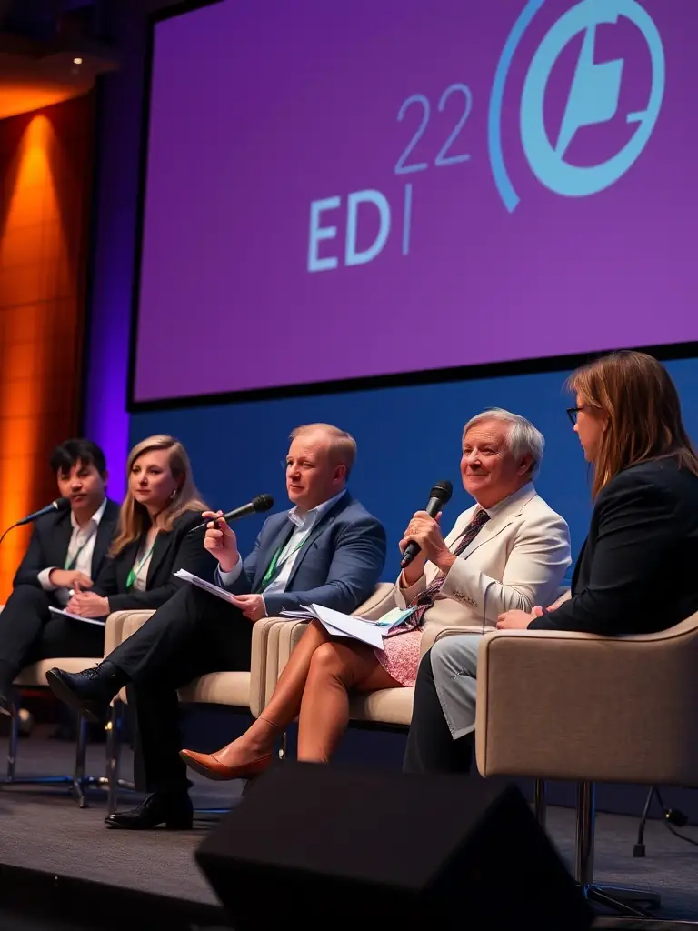 A photograph of a panel discussion at a business conference in Edinburgh, Scotland, focusing on the future of agribusiness in the UK.