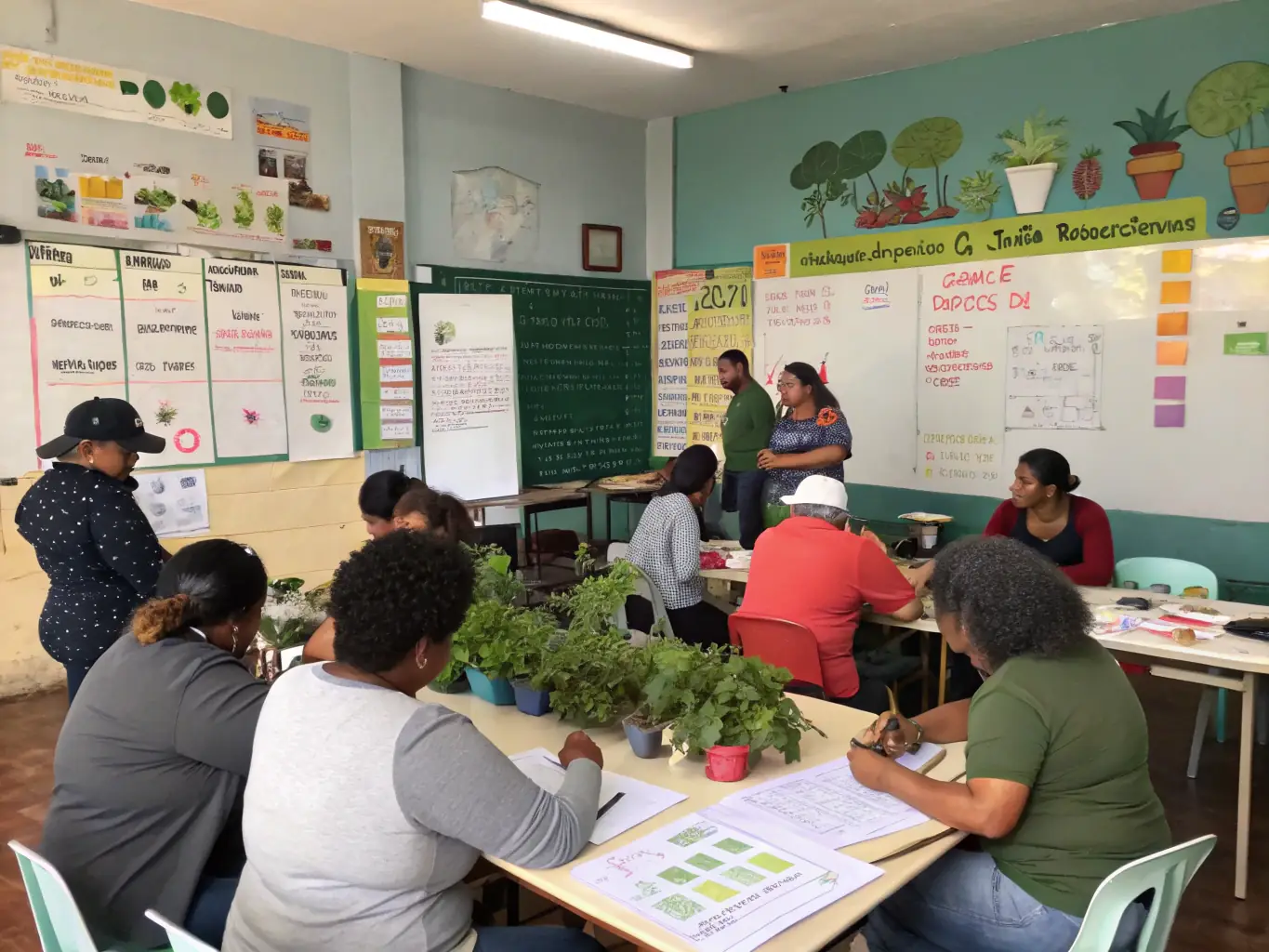 A photograph of a workshop session at a Soybeanway conference, where participants are actively engaged in a hands-on activity related to sustainable agriculture.