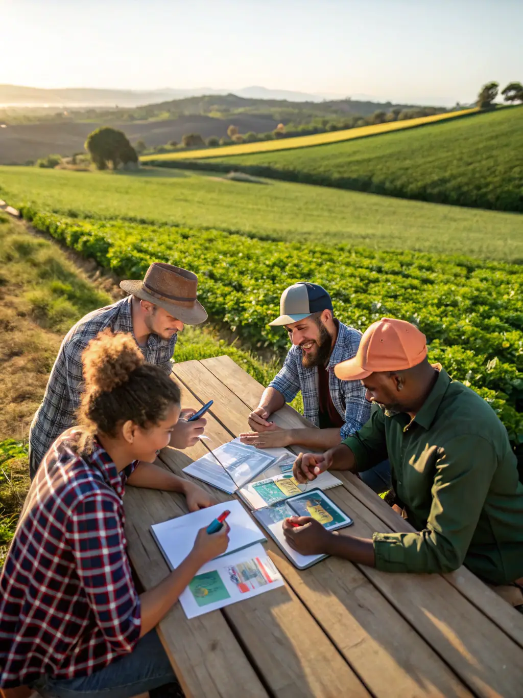 A photograph of a networking event at a sustainable agriculture conference in Cardiff, Wales, with attendees exchanging business cards and discussing potential collaborations.